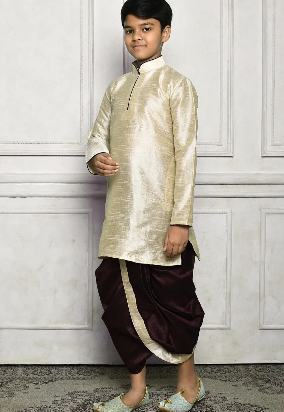 Contrast Trim Dupion Silk Dhoti Kurta in Light Beige