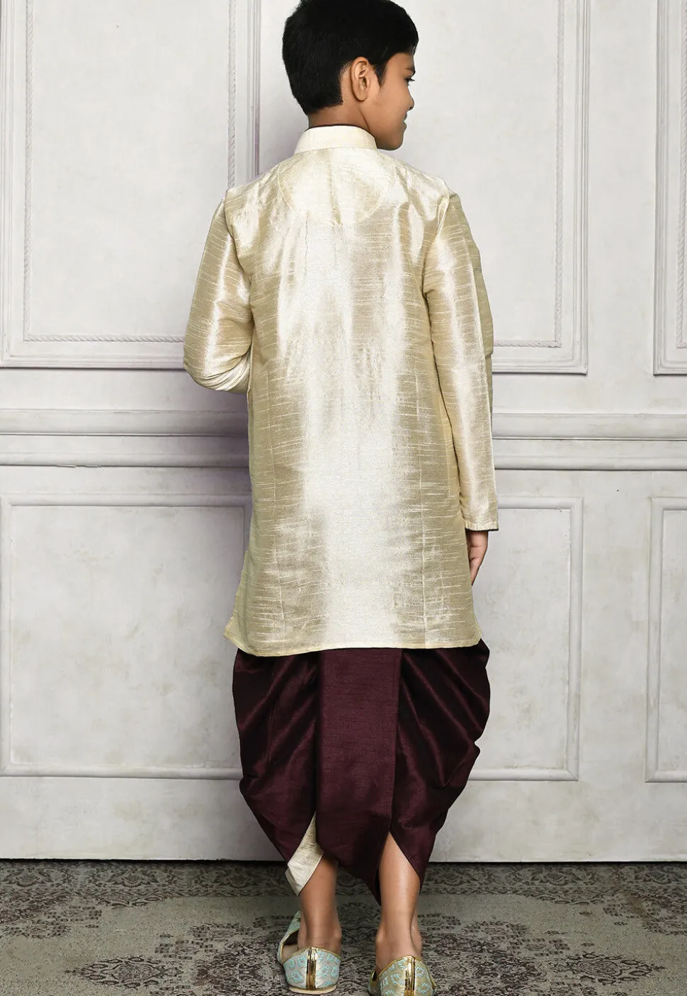 Contrast Trim Dupion Silk Dhoti Kurta in Light Beige