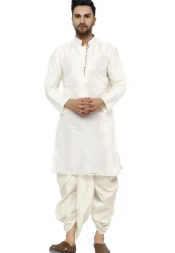 Contrast Trim Dupion Silk Dhoti Kurta in Off White