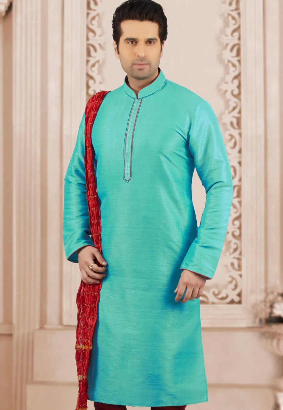 Contrast Trim Dupion Silk Kurta in Turquoise