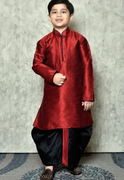 Contrast Trim Dupion Silk Dhoti Kurta in Maroon
