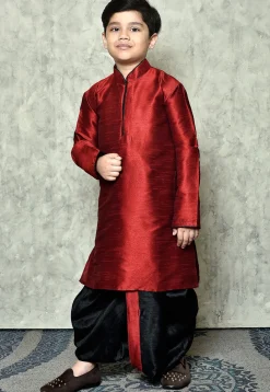 Contrast Trim Dupion Silk Dhoti Kurta in Maroon