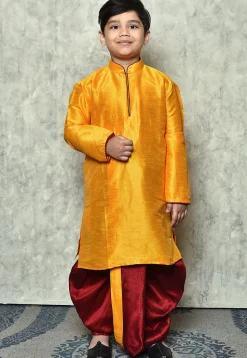 Contrast Trim Dupion Silk Dhoti Kurta in Mustard