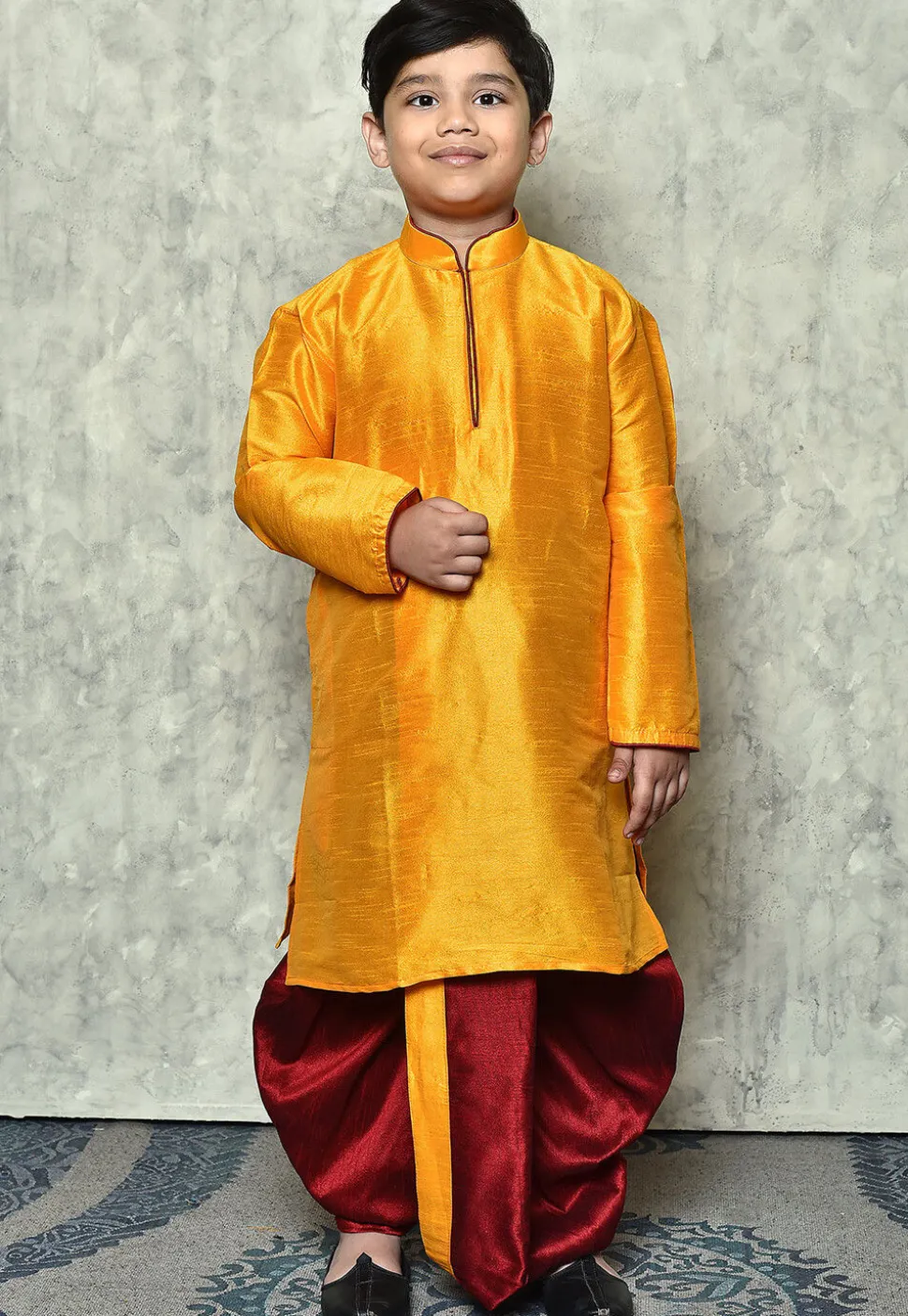 Contrast Trim Dupion Silk Dhoti Kurta in Mustard