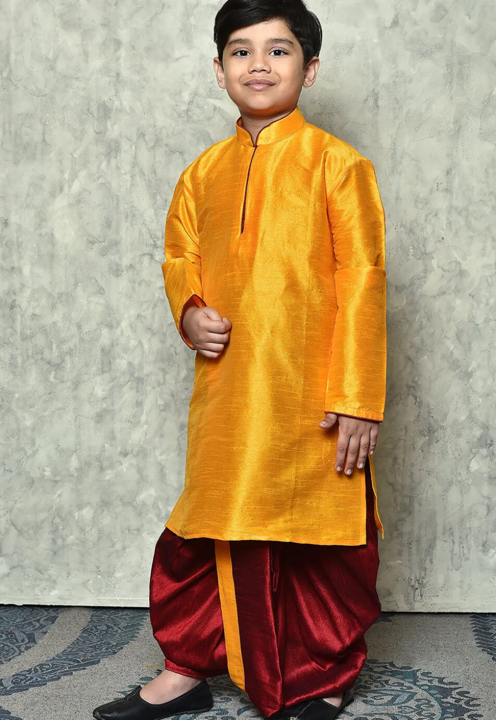 Contrast Trim Dupion Silk Dhoti Kurta in Mustard