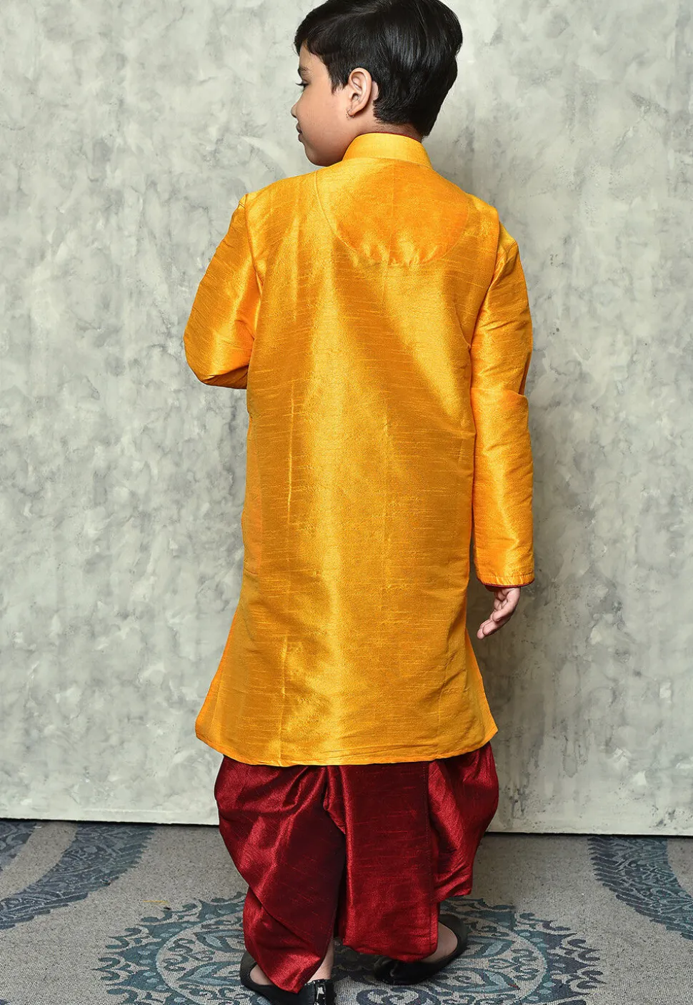Contrast Trim Dupion Silk Dhoti Kurta in Mustard