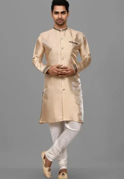 Contrast Trim Dupion Silk Sherwani in Beige