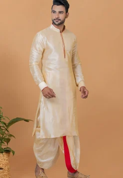 Contrast Trim Dupion Silk Kurta Set in Light Beige