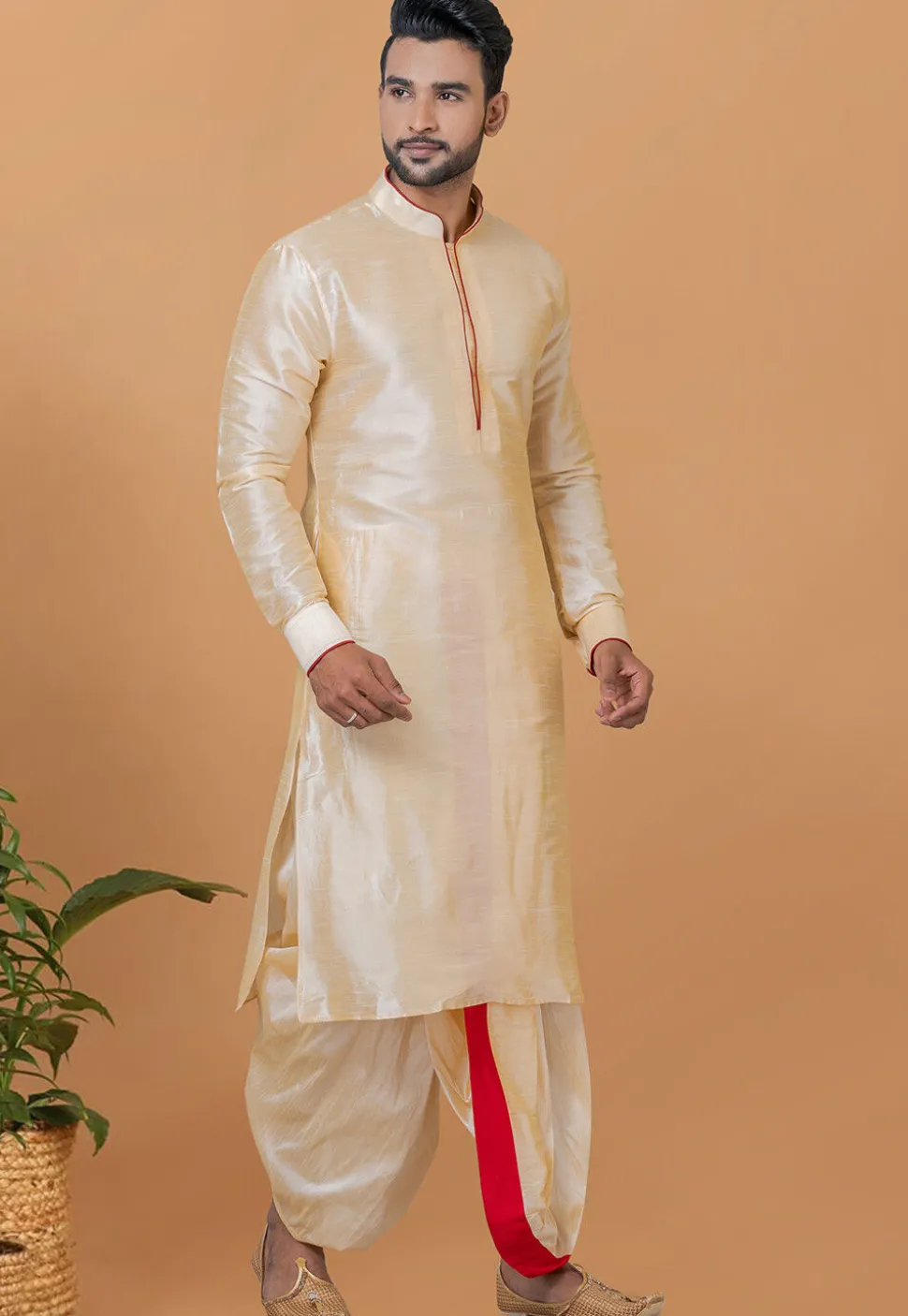 Contrast Trim Dupion Silk Kurta Set in Light Beige