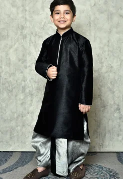 Contrast Trim Dupion Silk Dhoti Kurta in Black