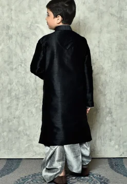 Contrast Trim Dupion Silk Dhoti Kurta in Black