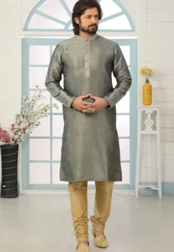 Contrast Trim Dupion Silk Kurta Set in Grey