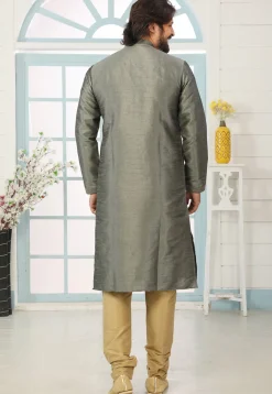 Contrast Trim Dupion Silk Kurta Set in Grey