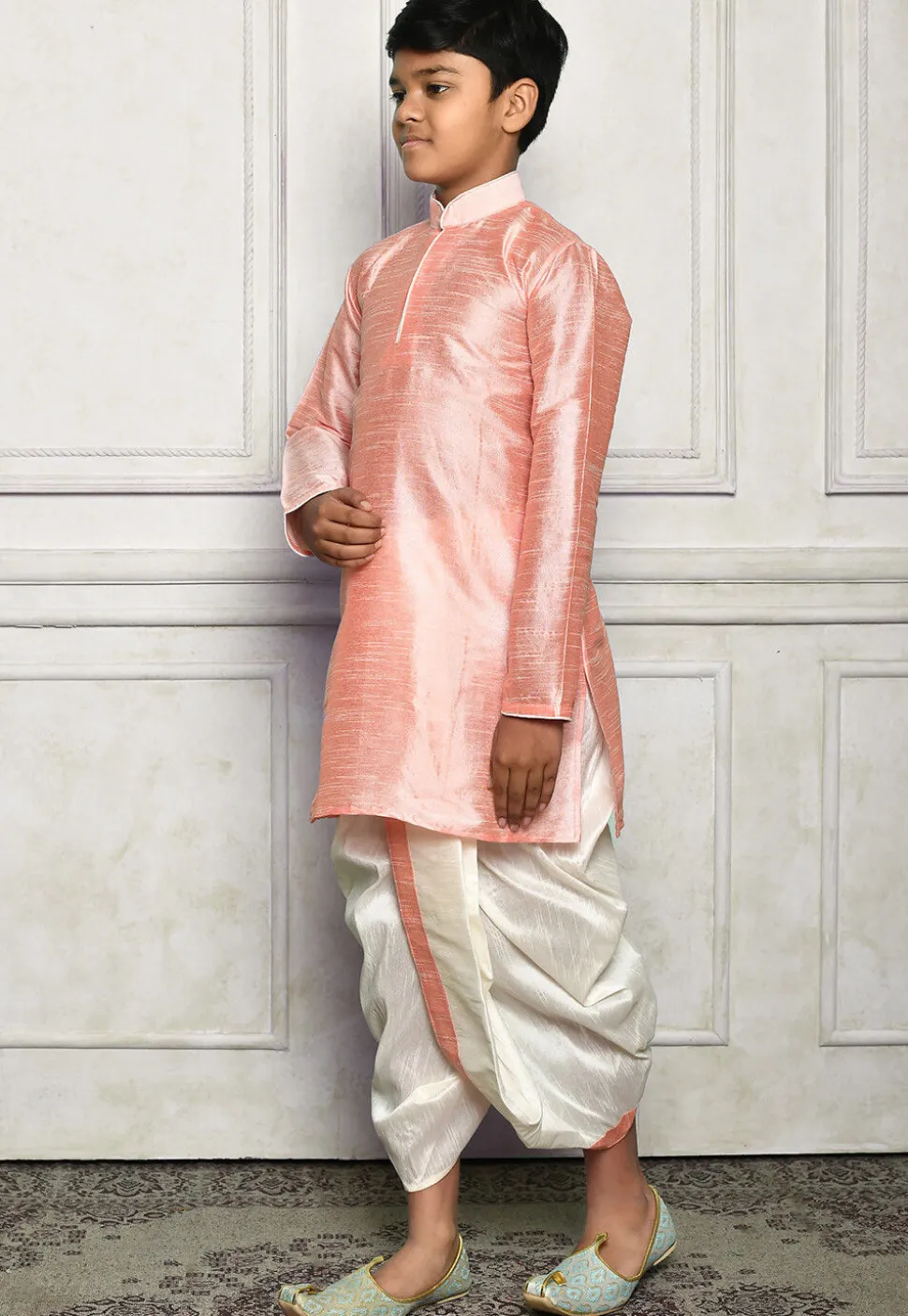 Contrast Trim Dupion Silk Dhoti Kurta in Peach