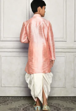Contrast Trim Dupion Silk Dhoti Kurta in Peach
