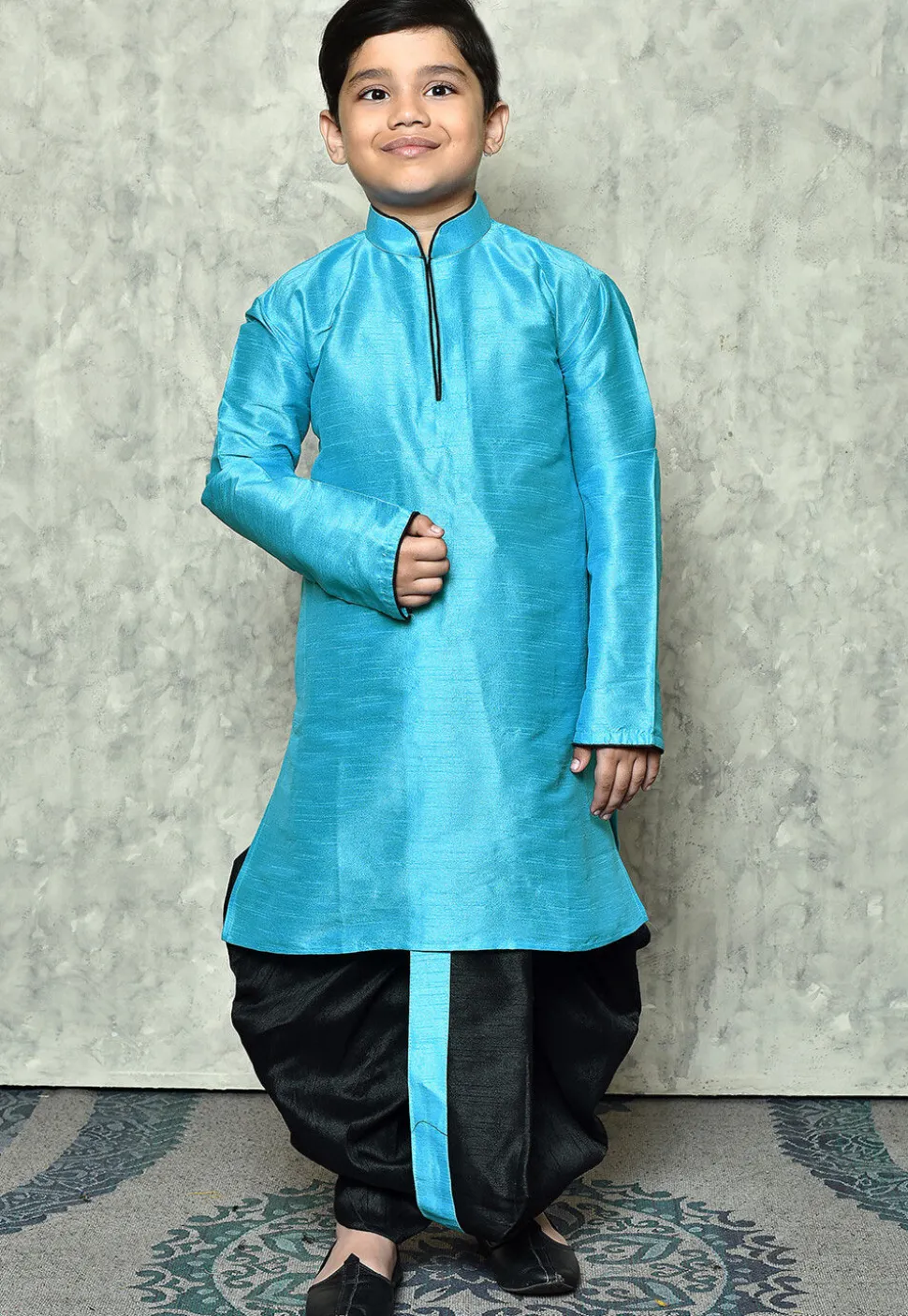 Contrast Trim Dupion Silk Dhoti Kurta in Light Blue