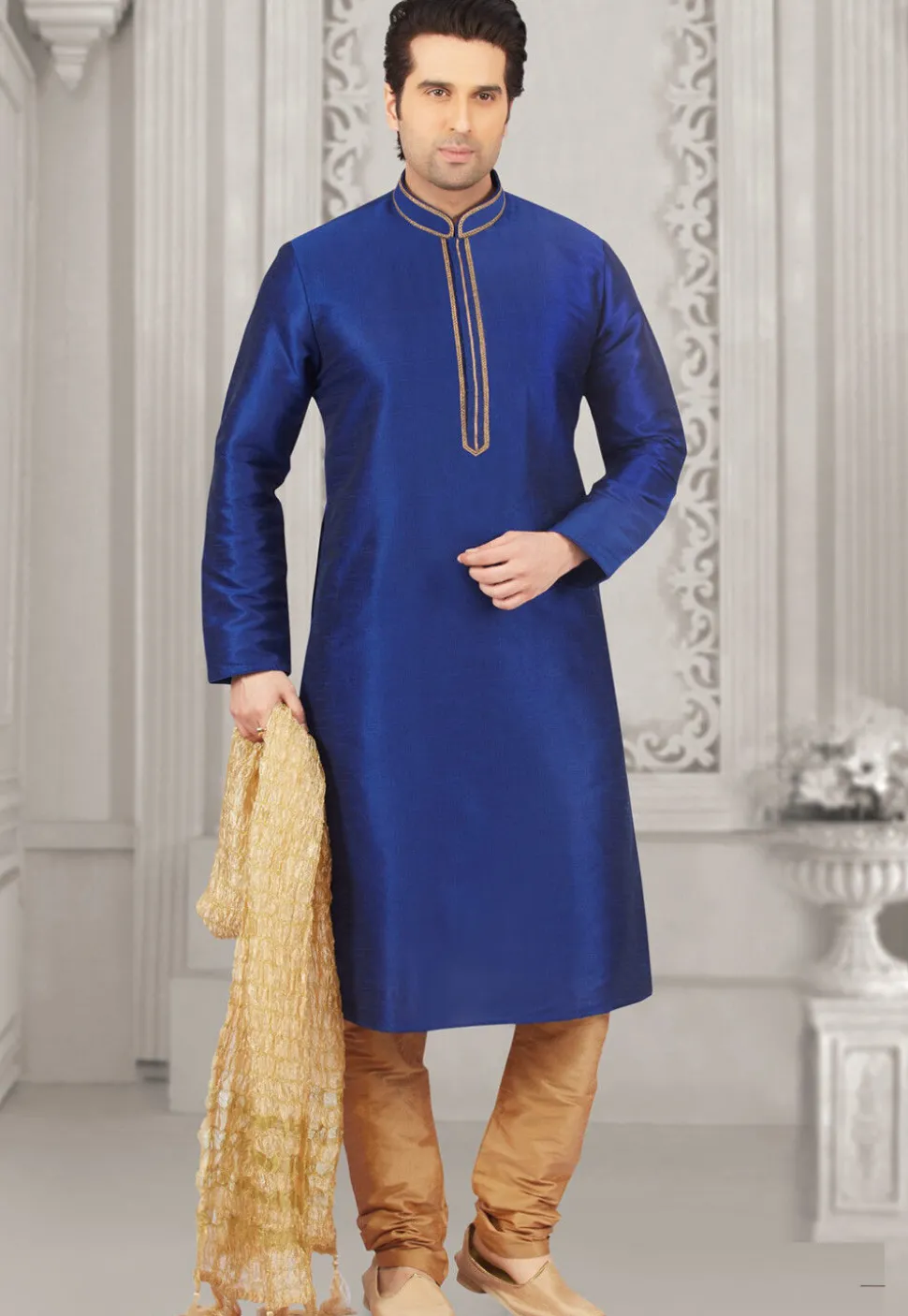 Contrast Trim Dupion Silk Kurta Set in Royal Blue