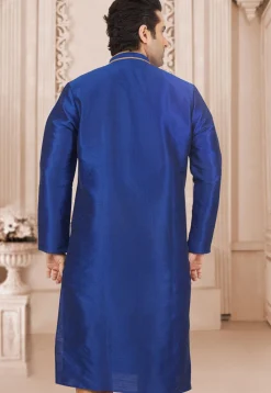 Contrast Trim Dupion Silk Kurta Set in Royal Blue