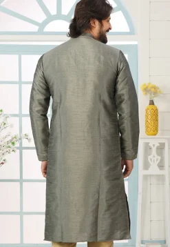 Contrast Trim Dupion Silk Kurta in Grey