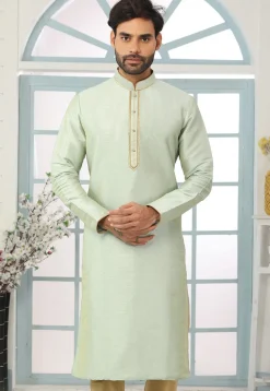 Contrast Trim Dupion Silk Kurta in Pastel Green