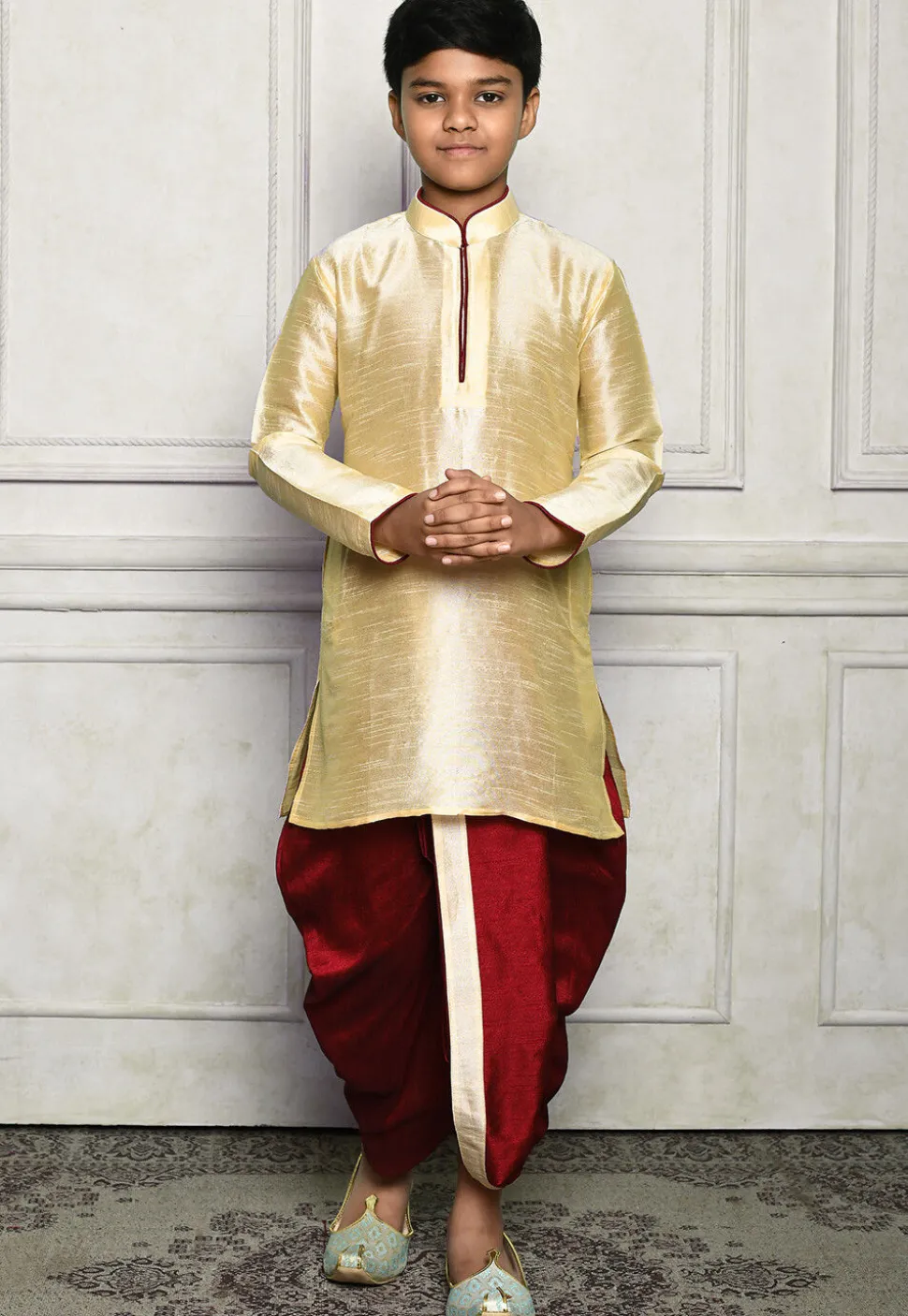 Contrast Trim Dupion Silk Dhoti Kurta in Beige