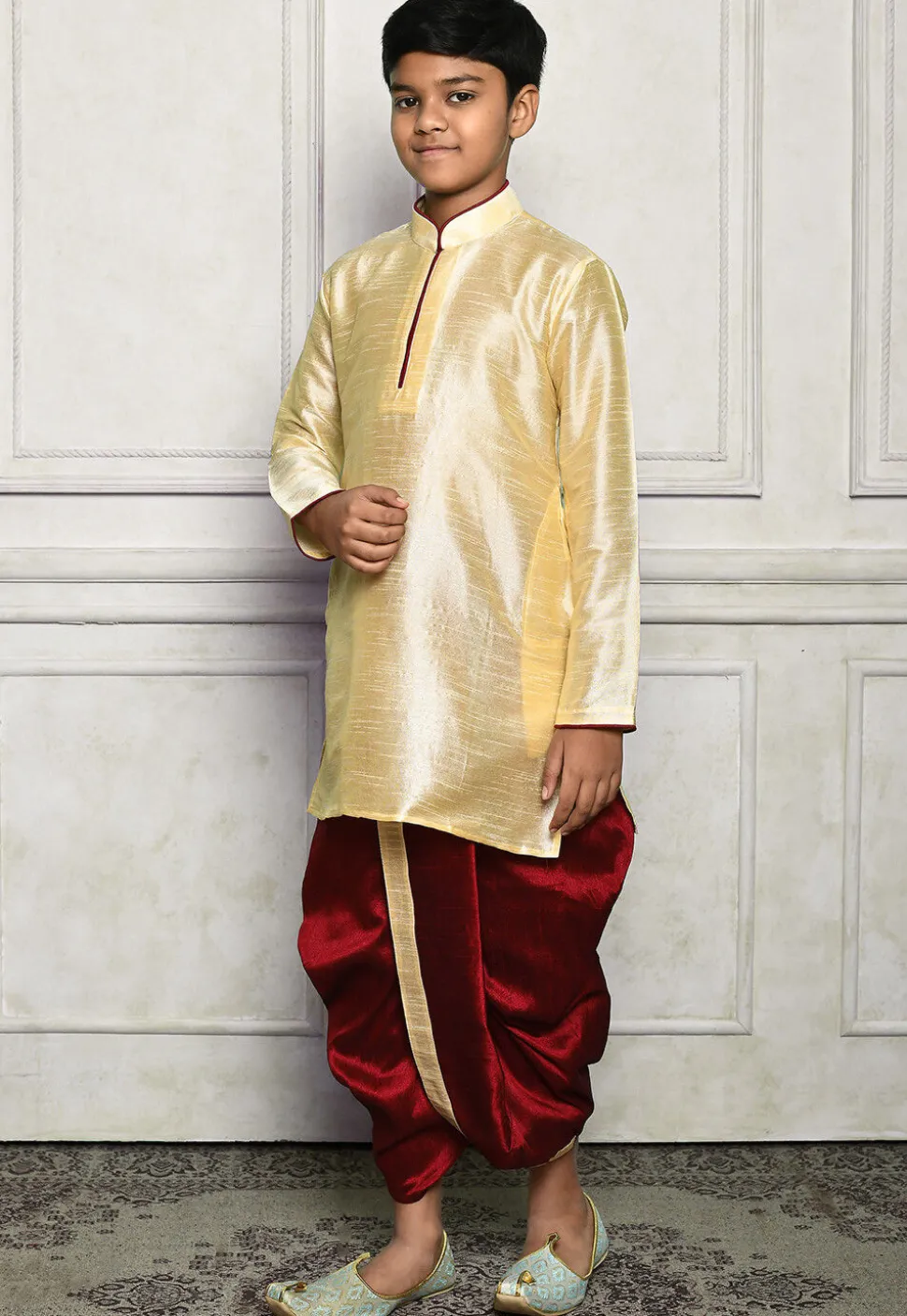 Contrast Trim Dupion Silk Dhoti Kurta in Beige