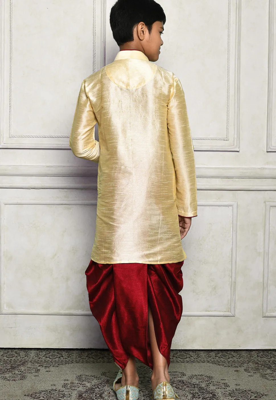 Contrast Trim Dupion Silk Dhoti Kurta in Beige
