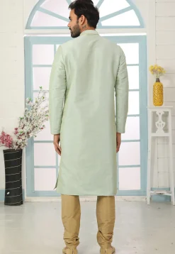 Contrast Trim Dupion Silk Kurta Set in Pastel Green