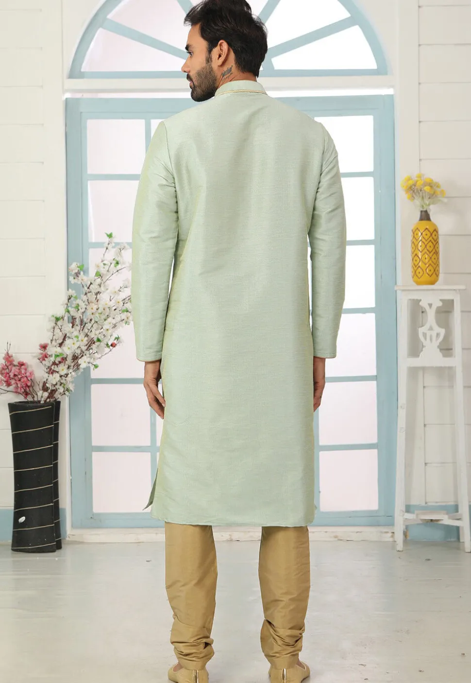 Contrast Trim Dupion Silk Kurta Set in Pastel Green