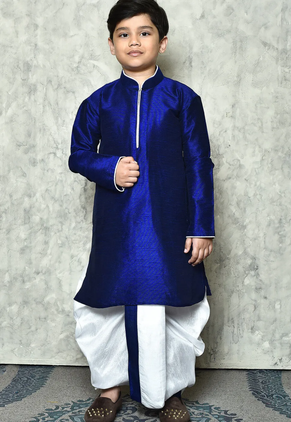 Contrast Trim Dupion Silk Dhoti Kurta in Royal Blue