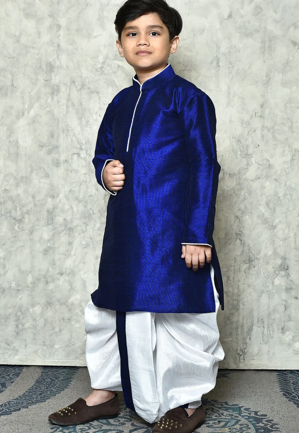Contrast Trim Dupion Silk Dhoti Kurta in Royal Blue