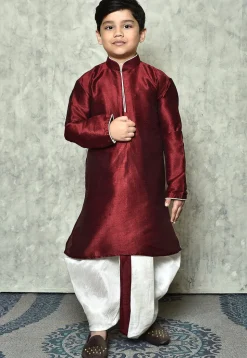 Contrast Trim Dupion Silk Dhoti Kurta in Maroon