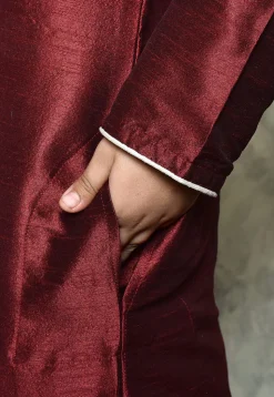 Contrast Trim Dupion Silk Dhoti Kurta in Maroon