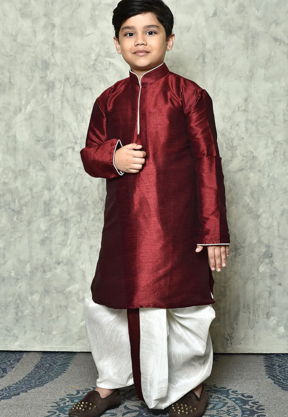 Contrast Trim Dupion Silk Dhoti Kurta in Maroon