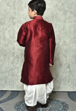 Contrast Trim Dupion Silk Dhoti Kurta in Maroon