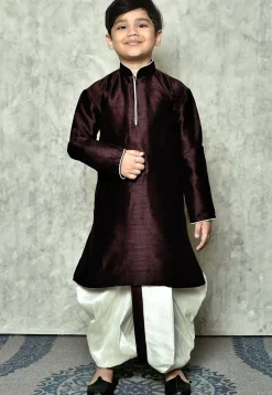 Contrast Trim Dupion Silk Dhoti Kurta in Wine