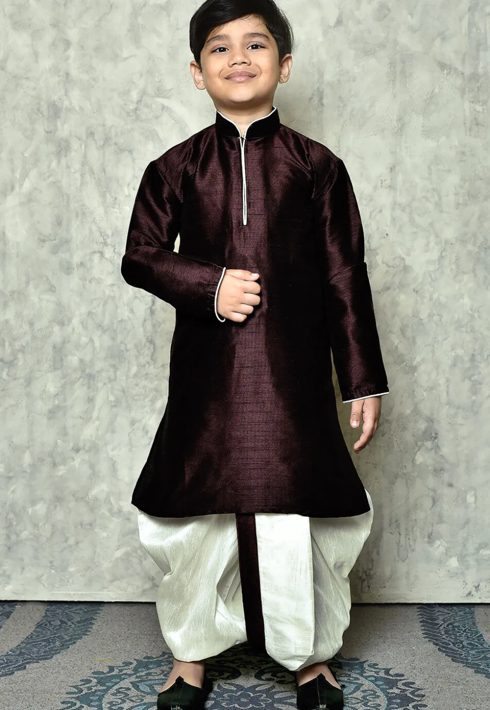 Contrast Trim Dupion Silk Dhoti Kurta in Wine