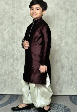 Contrast Trim Dupion Silk Dhoti Kurta in Wine