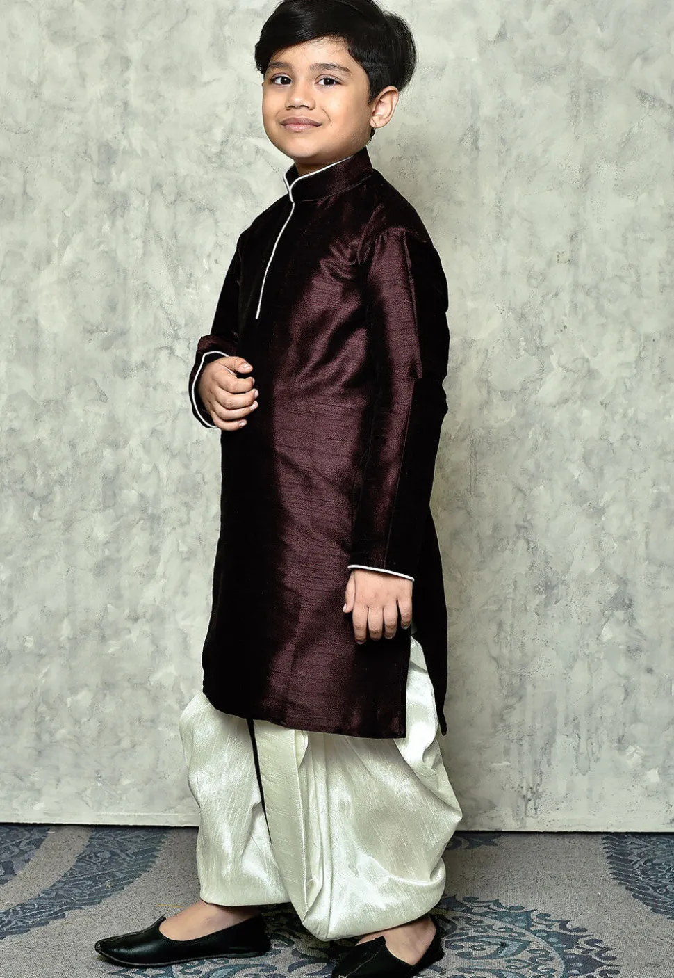 Contrast Trim Dupion Silk Dhoti Kurta in Wine