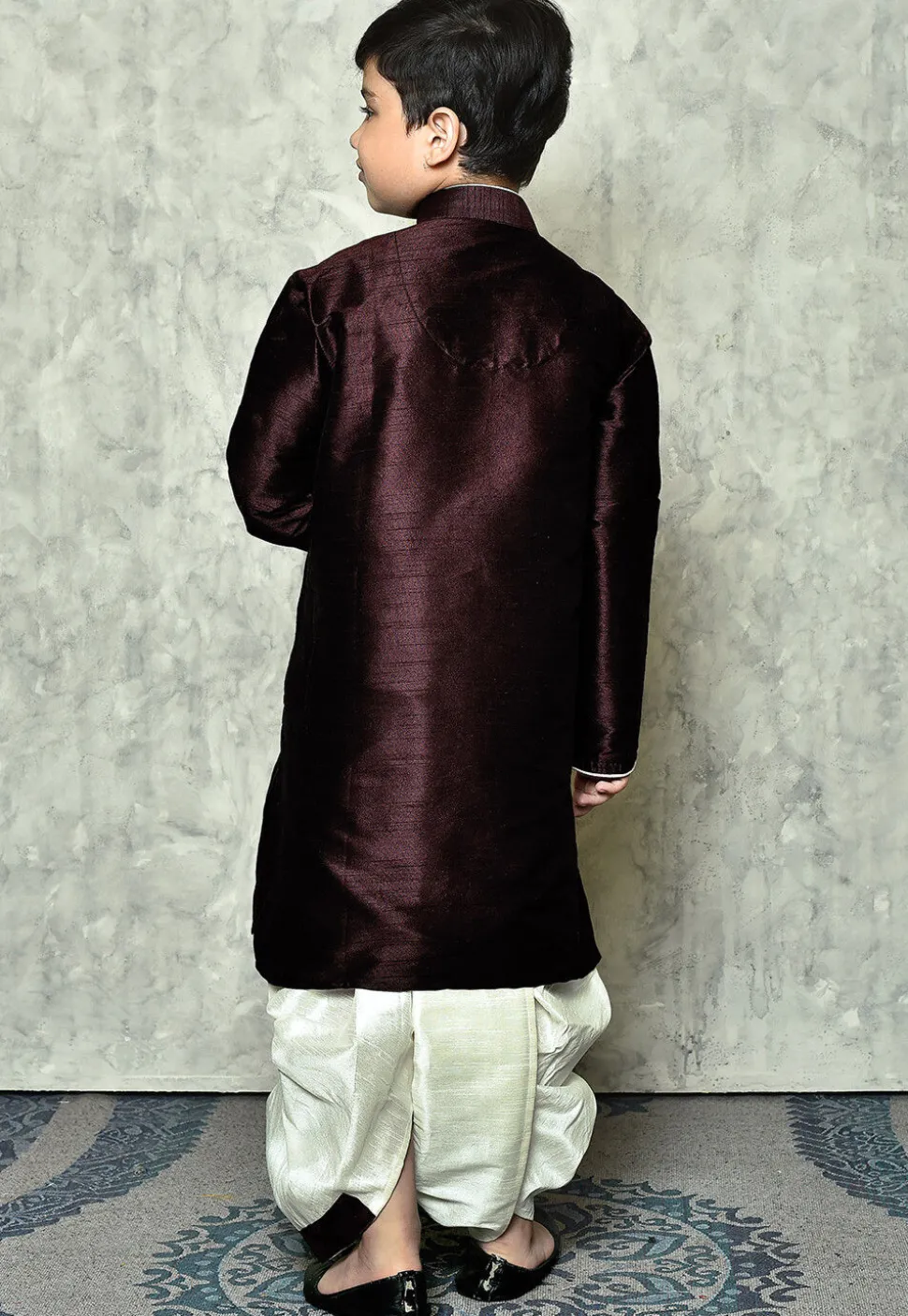 Contrast Trim Dupion Silk Dhoti Kurta in Wine