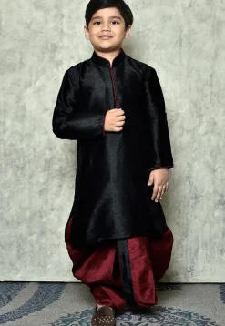 Contrast Trim Dupion Silk Dhoti Kurta in Black