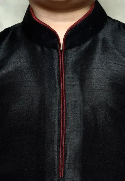 Contrast Trim Dupion Silk Dhoti Kurta in Black