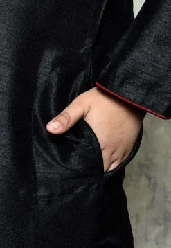 Contrast Trim Dupion Silk Dhoti Kurta in Black