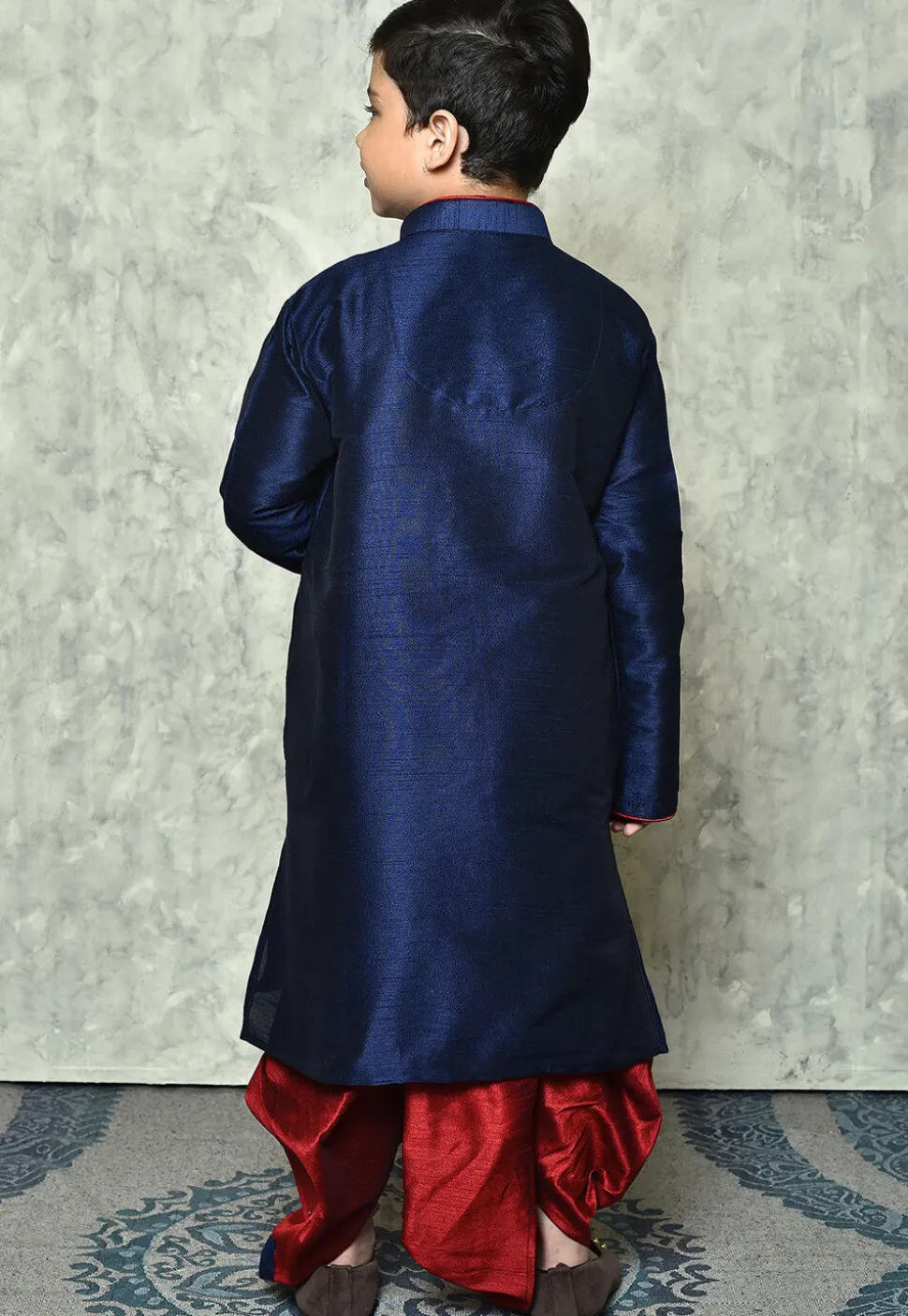 Contrast Trim Dupion Silk Dhoti Kurta in Navy Blue