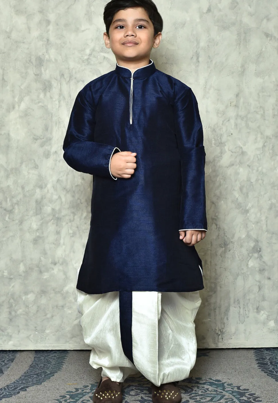 Contrast Trim Dupion Silk Dhoti Kurta in Navy Blue
