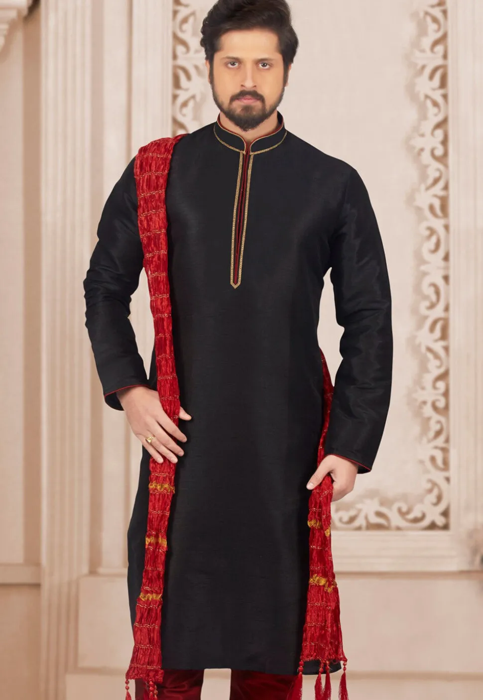 Contrast Trim Dupion Silk Kurta in Black