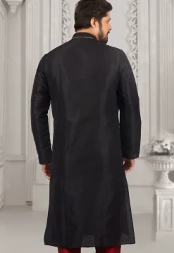 Contrast Trim Dupion Silk Kurta in Black