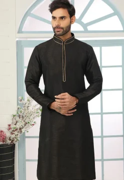 Contrast Trim Dupion Silk Kurta in Black