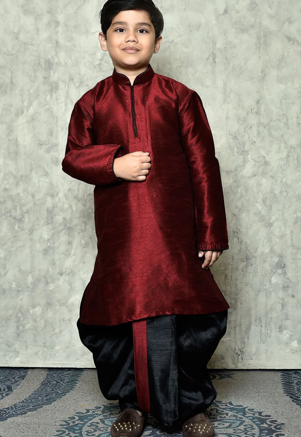 Contrast Trim Dupion Silk Dhoti Kurta in Maroon