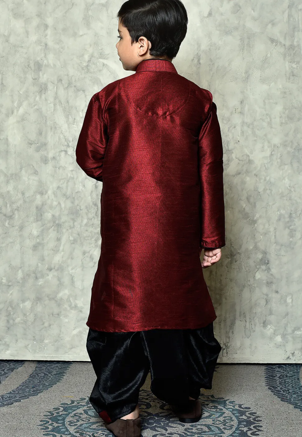 Contrast Trim Dupion Silk Dhoti Kurta in Maroon